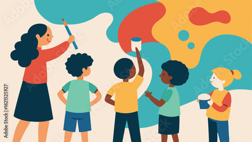 Collaborative Art Project Children working on a large mural using adaptive tools like paintbrushes with grips with a teacher guiding them and everyone contributing.