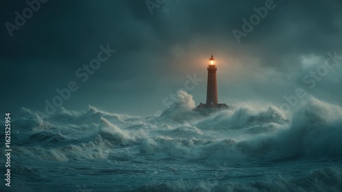 Dramatic view of a lighthouse amid a stormy sea, illuminated beacon
