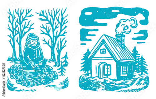Winter Scene with Child and Cozy Cabin Surrounded by Trees and Logs