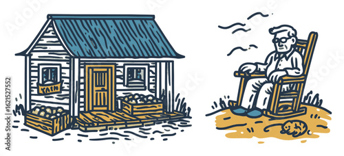 Charming Rustic House and Elderly Man in Rocking Chair Scene Illustration