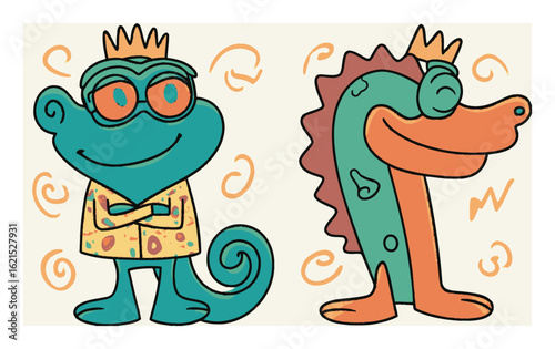 Colorful Cartoon Characters with Crowns and Unique Styles Displaying Fun Vibes