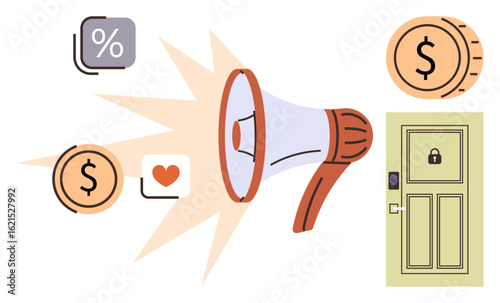 Megaphone amplifying coins, percentage, and heart to a secured door representing marketing, finance, and safety. Ideal for advertising, security, business growth, fintech e-commerce digital
