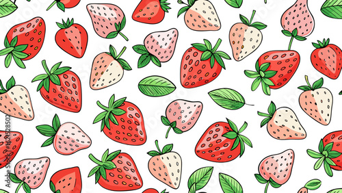Seamless pattern of red and pink strawberries with green leaves