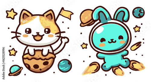 Cute Cat and Space Bunny Characters with Stars and Planets in Cartoon Style
