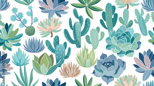 A colorful collection of stylized succulents and cacti