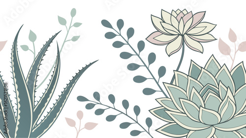 Delicate succulent and aloe plant illustration with soft pastel colors
