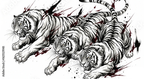 Wallpaper Mural Three white tigers in a dynamic japanese ink wash painting style with aggressive splashes Torontodigital.ca