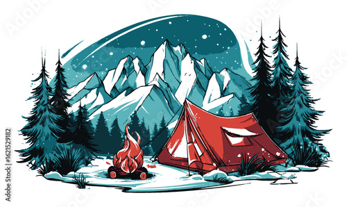 Scenic Mountain Camping with Tent and Campfire in Vibrant Nature Landscape