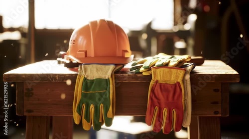 Ready for Work: Hard Hat and Gloves on Workbench