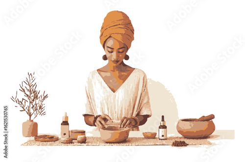 Woman Mixing Natural Ingredients for Skincare in Cartoon Style Vector Art