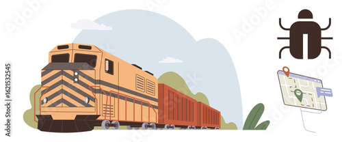 Cargo train moving on railway surrounded by nature, a map with location pin, and bug icon. Ideal for logistics, transportation, delivery, technology, tracking cybersecurity safety. Simple flat