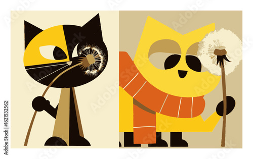 Playful Cartoon Cats with Dandelion Flowers in Bright Colorful Artwork