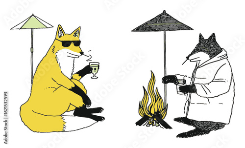 Cartoon Foxes in Relaxation Mode, One with Drink and One by Fire