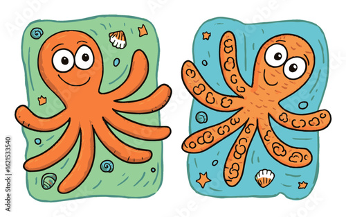 Cute Cartoon Octopus Characters with Playful Expressions and Sea Elements