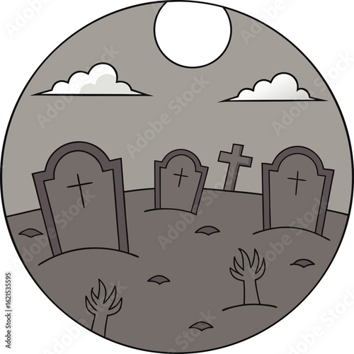 Spooky graveyard scene with tombstones and rising zombie hands under a full moon