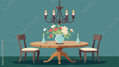 A vintage chandelier hanging above a distressed wooden dining table with mismatched chairs and a bouquet of wildflowers as a centerpiece.