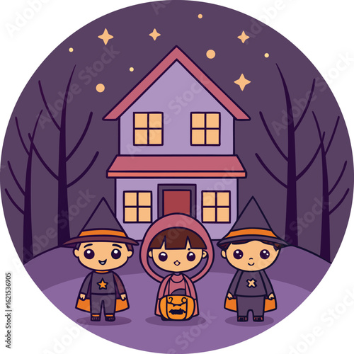 Cute halloween characters trick or treating at a spooky house at night