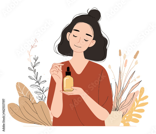Woman Holding Yellow Bottle in Minimalist Style with Botanical Elements