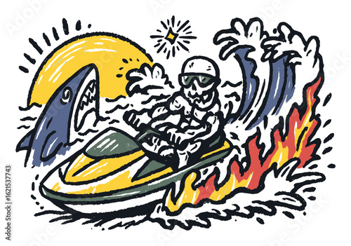Exciting Water Sports Adventure with Jet Ski and Shark Illustration