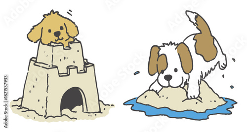 Playful Dogs Building Sandcastle on Beach in Summer Fun Scene