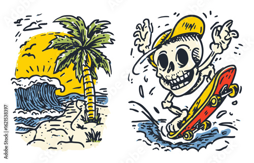 Vintage Style Skeleton Skater with Palm Tree and Ocean Background
