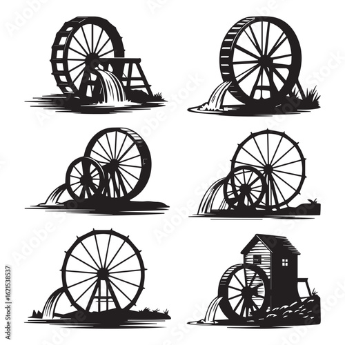 A collection of water wheel illustrations isolated on white background, showcasing various designs and styles of this historic machinery used for harnessing water power in rural settings