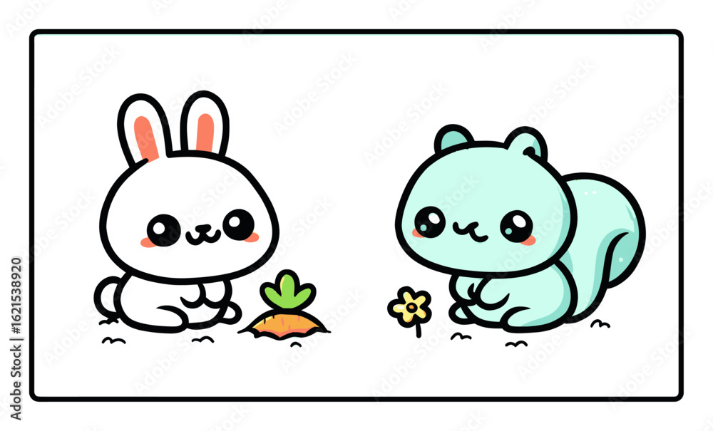 Fototapeta premium Cute Cartoon Rabbit and Squirrel with Carrot and Flower in Whimsical Setting