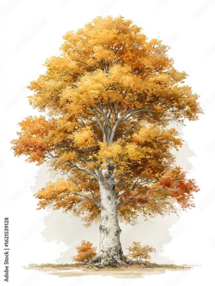 Fototapeta premium Autumn tree illustration, isolated, landscape background. Possible use poster