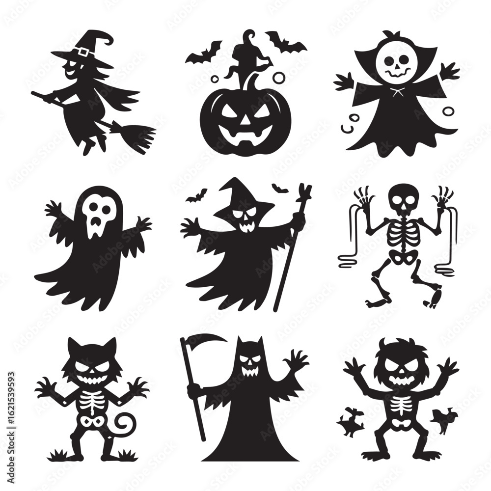 Fototapeta premium Halloween silhouettes isolated on white background featuring a witch, pumpkin, ghost, skeleton, monster, cat, grim reaper, and devil, perfect for holiday decorations and spooky designs