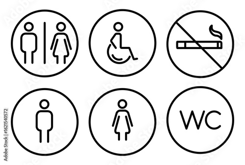 Set of round toilet outline icon showing symbols for male, female, and disabled toilets. Includes WC and no smoking sign. Simple outline vector illustration for restroom signage and UI design.