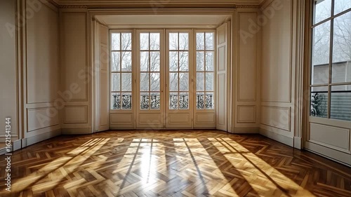 Wallpaper Mural sunlight streams into an empty parisian apartment showcasing parquet floors and elegant wall paneling design Torontodigital.ca