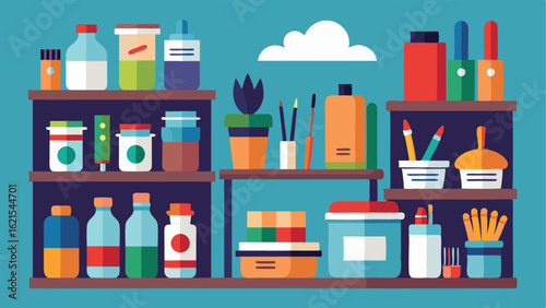 A variety of art supplies neatly organized on shelves including paint brushes canvases and pots of paint.