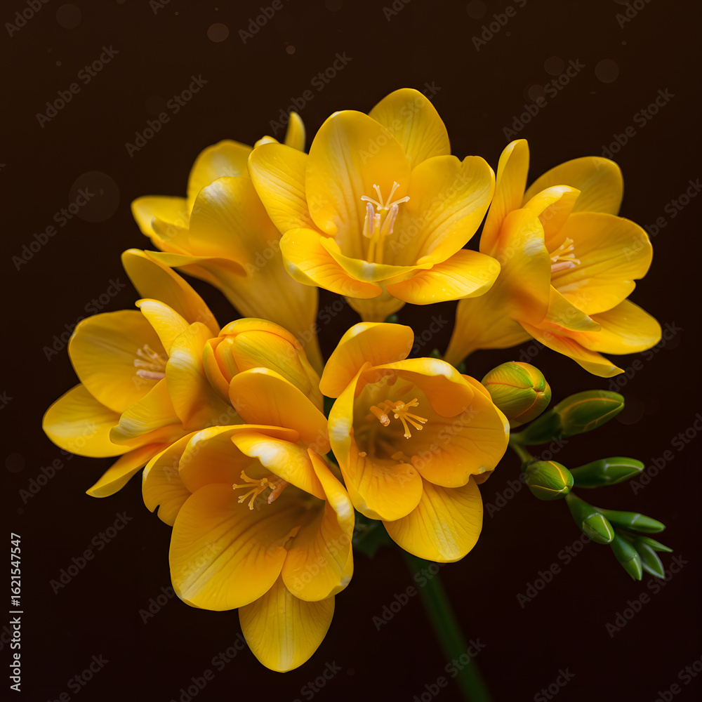 Obraz premium A cluster of vibrant yellow freesia flowers, showcasing delicate petals and buds against a dark, soft-focused background.