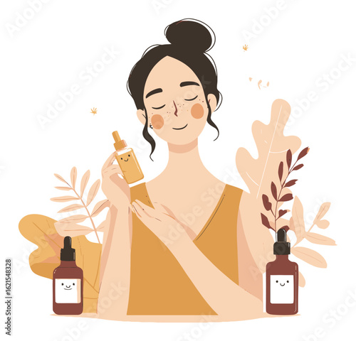 Cartoon Woman Holding Serum Bottle with Natural Leaves and Smiling Face