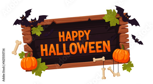 Vibrant cartoon Halloween wooden sign with spooky bats, orange pumpkins, and scattered bones.