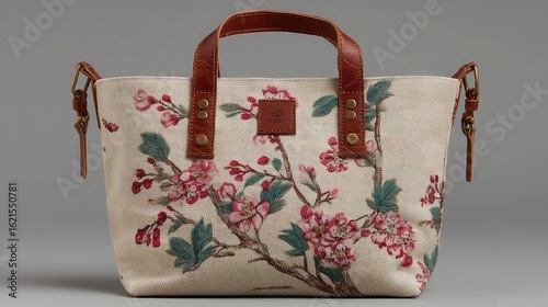Schilderij op canvas Canvas tote bag with leather straps and floral print. --