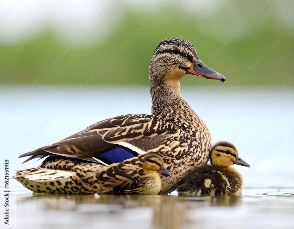 Fototapeta premium Mother duck and ducklings on a calm lake
