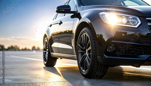 Sleek black car on paved road at sunset