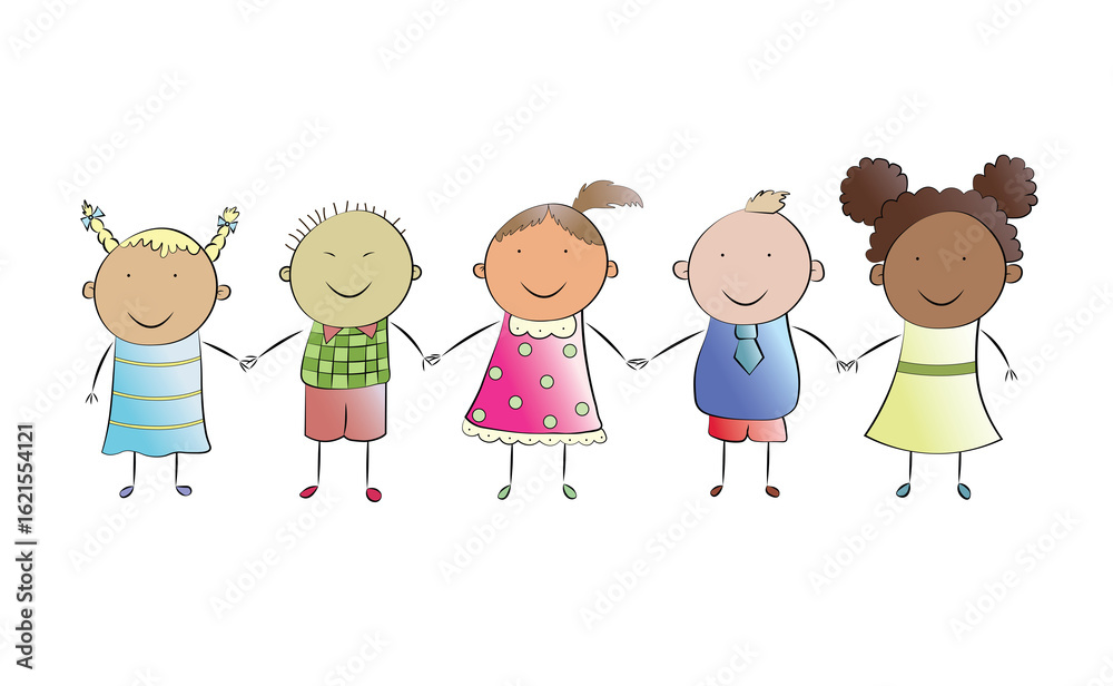 Naklejka premium Children from all over the world are holding hands. Cute illustration isolated on white