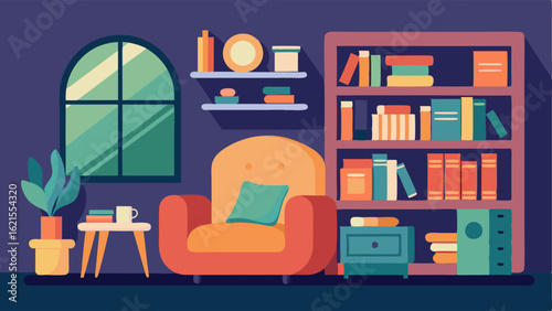 In one corner of the room there is a cozy reading nook with bookshelves and a plush armchair.