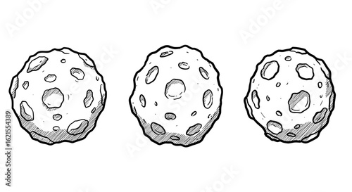 Set of hand-drawn black asteroids with craters on transparent background