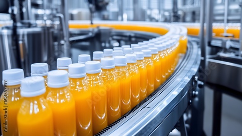 Automated juice bottling production line with rows of filled plastic bottles in modern beverage factory, representing food processing, packaging, and industrial drink manufacturing technology