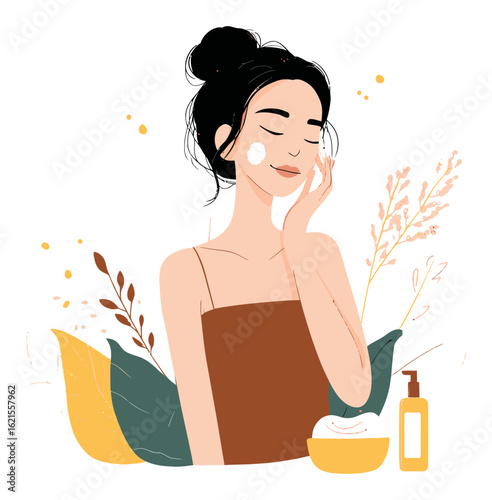 Beautiful Cartoon Woman Enjoying Skincare Routine with Natural Elements