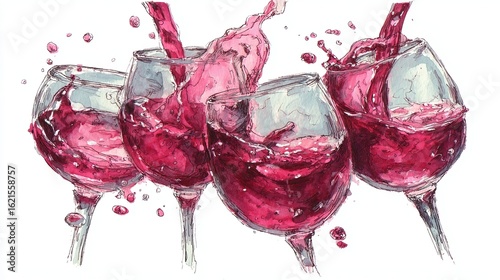 Vibrant Red Wine Splash in Glasses Illustration