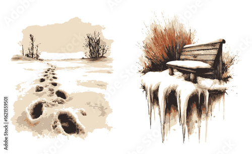 Footprints in the Snow with a Cold Winter Bench in a Serene Landscape