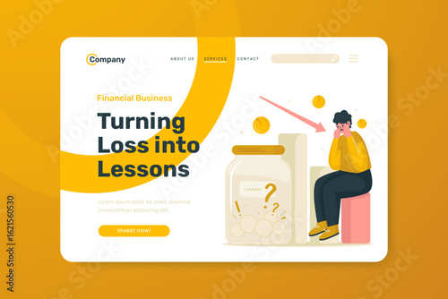 Financial investment loss with sad man expression vector illustration on web header template