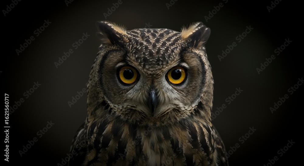 Fototapeta premium A closeup portrait of an owls face against a dark background