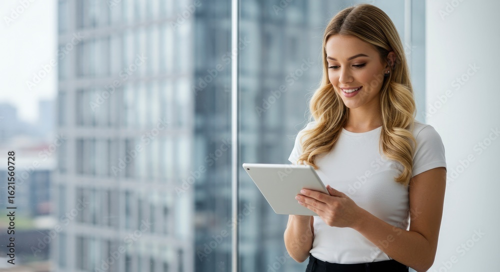 Fototapeta premium A blonde woman smiles while looking at a tablet in front of a window