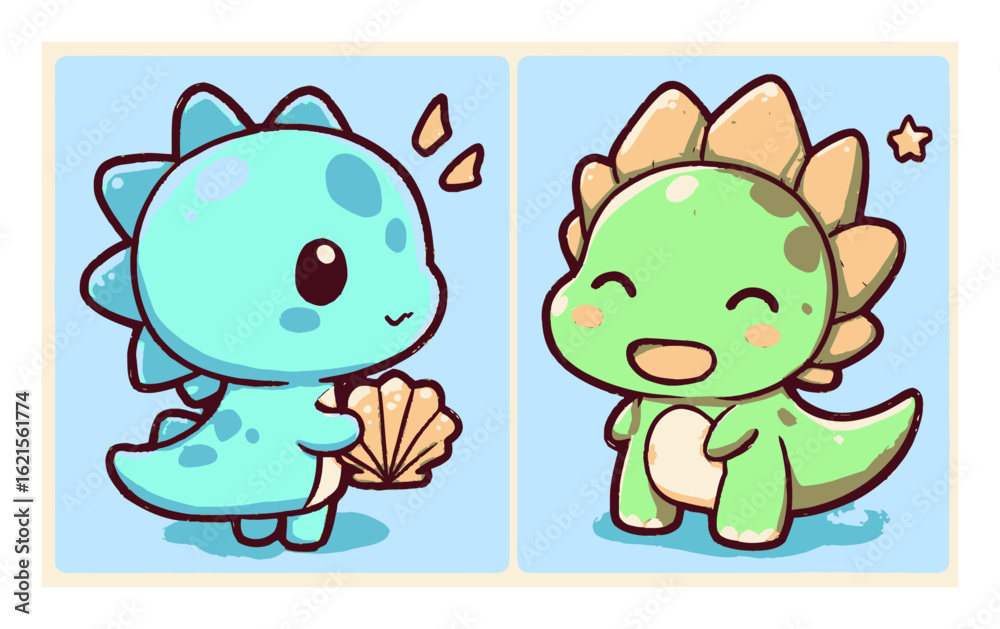 Obraz premium Cute Cartoon Dinosaurs with Shell on Light Blue Background
