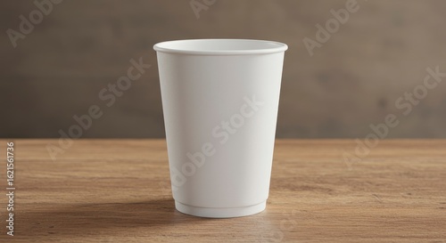 A white paper cup sits on a wooden surface